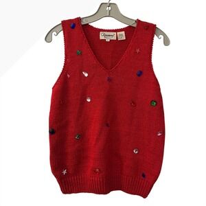 Alexandria Vintage Red Knit Sweater Vest Gemstone Embellished V-Neck Small